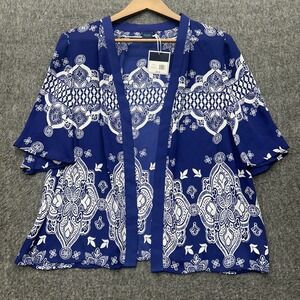 Kaari Blue Kimono L Blue White Open Top Cardigan Cover Tile Work La Dolce Vita